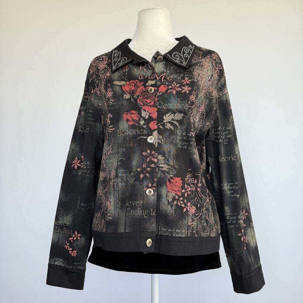 Cactus Blouse Womens L Black Floral Rhinestone Collar Button Front Top Romantic